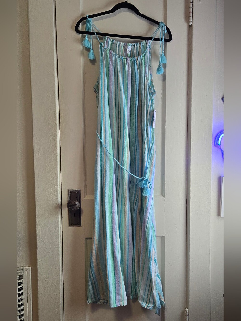 Time And Tru Striped Tassel Tie Summer Maxi Dress in Aqua & White